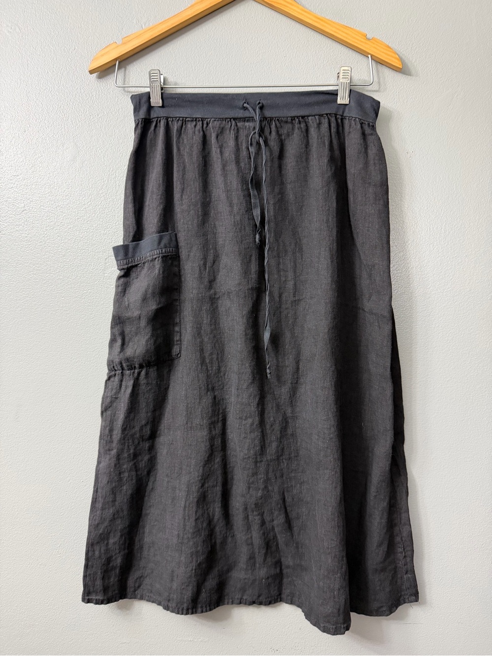 Flax Women's Black Drawstring Linen Blend midi Skirt small